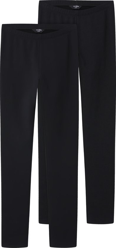 Twee zwarte leggings met elastische tailleband, op elkaar.