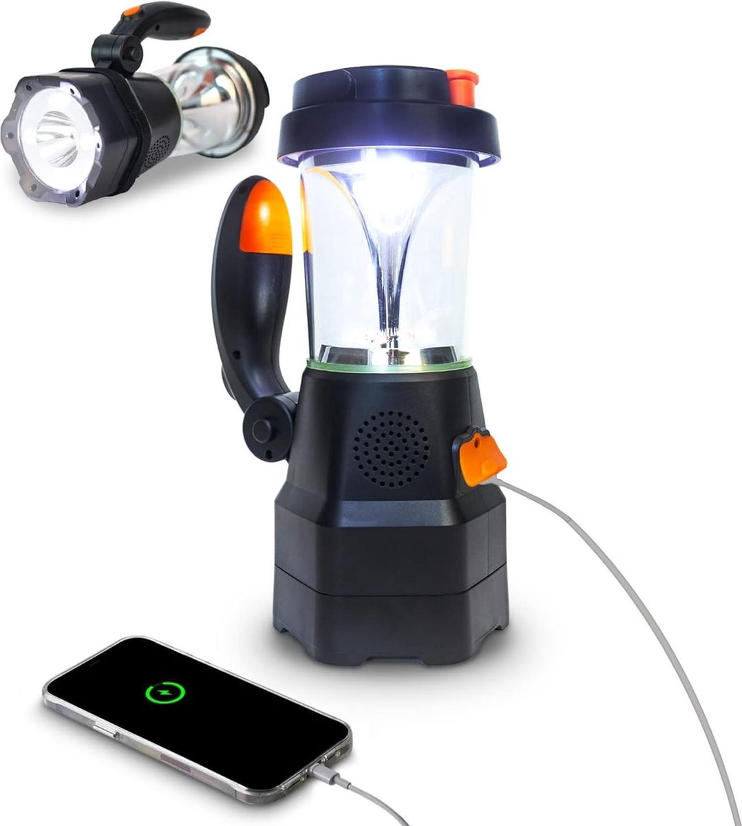 Bol.com LED batterij werkende lantaarn - USB oplaadbaar & handslinger - camping lamp draagbaar - noodradio powerbank SOS-alarm -... aanbieding