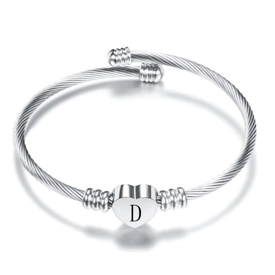 Bracelet Lettre d'Amour - Lettre D - Bracelet Ajustable en Acier Inoxydable - Bracelet Plaqué Argent avec Charme - Bijoux Elegant et Durables - Cadeau Perfect pour Elle ou Cheveux - Couleur Argent - Cadeau - Saint Valentin - Coeur - Coeur - Argent