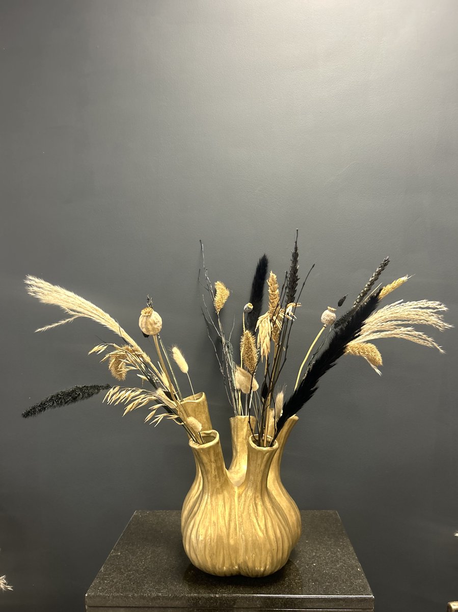 Tulpenvaas goud maat l met droogbloemen - Tulpenvaas - 20 x 25 cm - droogbloemen - bestseller - Gouden tulpenvaas - Agliovaas - Uienvaas