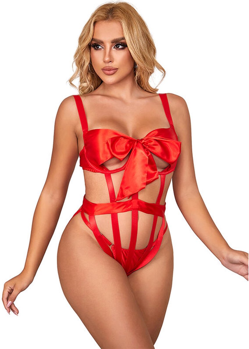 SUBBLIME - SEXY OPENGEWERKT LIJFJE MET STRIK ROOD L/XL | BODY | EROTISCHE BODY | LINGERIE | SEXY LINGERIE | LINGERIESET
