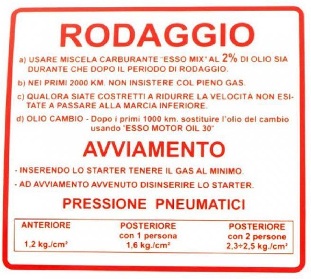 Autocollant stickers RMS pour Scooter Piaggio 50 Vespa Primavera Et3 rodage rouge / 610170M002 Neuf