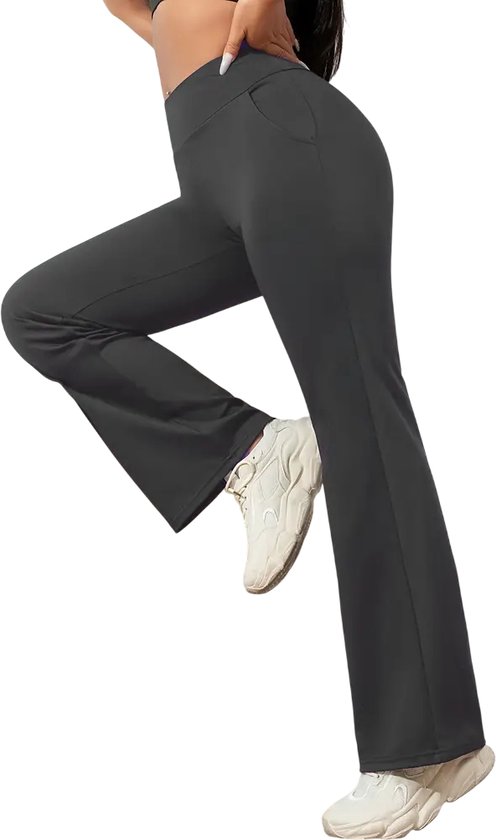 HORIZON Flared Broek met Zakken - Dames Legging - PETIT Pijplengte - Casual Flare Pants - Broek met Zakken - Stijlvol & Sportief - Rekbaar - Zachte stof - Grijs - Maat XL