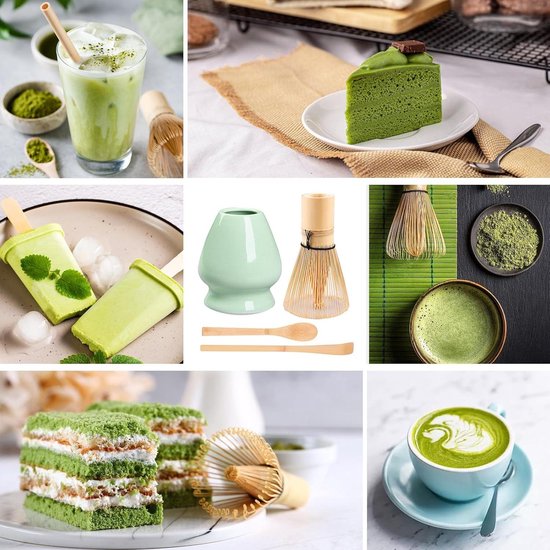 kurkip 7-delige Japanse Matcha-ceremonieset, natuurlijke bamboe matcha-stok, matcha-kom, bamboeschep, zeef, theedoek, gardehouder, complete matcha-set, groen