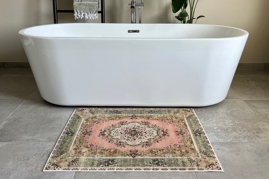 Vintage look badmat roze, groen 90cm x 70cm