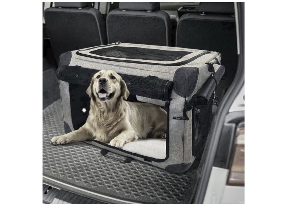 Hondenbox 70 x 52 x 52 cm, opvouwbaar, transportbox, middelgrote hond voor de auto, stalen frame, hondenbench, opvouwbaar, Oxford-stof, hondentransportbox