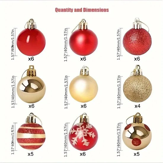 Illustratie van negen soorten 4 cm kerstballen: effen rood, rood met glitters, goud, champagne, goud met glitters, rood met witte strepen, rood met witte sneeuwvlokken en goud met rode patronen.