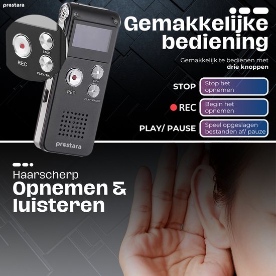 Zwart Prestara dictafoon met makkelijke bediening en drie knoppen: stop, rec en play/pause.
