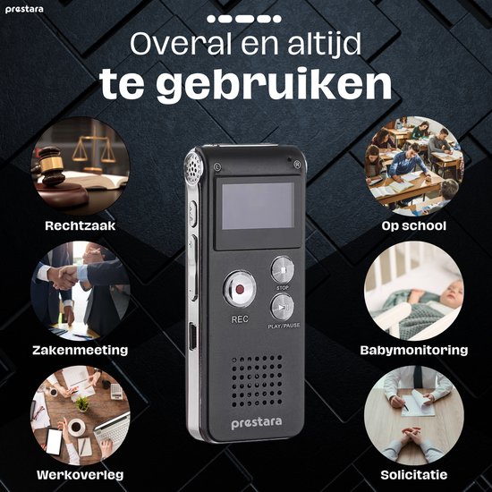 Zwart Prestara dictafoon, ideaal voor rechtzaak, school, zakenmeeting, baby monitoring, werkoverleg en sollicitatie.