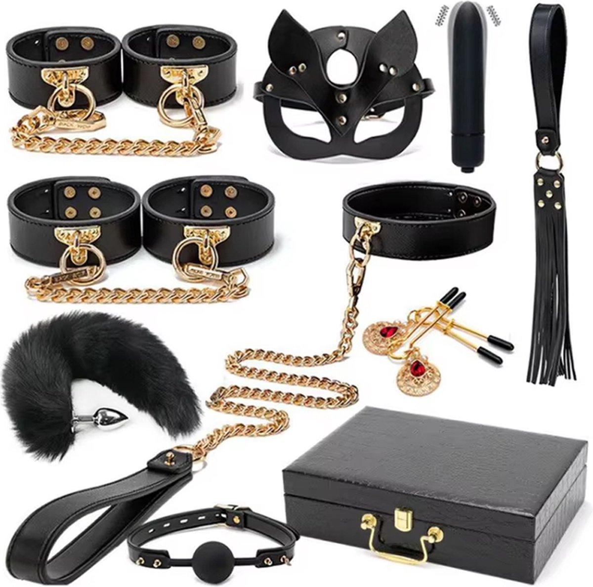 Goedkoopste Complete BDSM Bondage set inclusief bijpassende koffer - 10-delig - 100 Echt Leer - Boeien - Zweep - Gag - Klemmen - Masker - Halsband - Vibrator - Plug