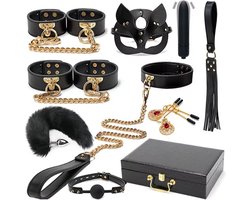 Complete BDSM Bondage set inclusief bijpassende koffer - 10-delig - 100% Echt Leer - Boeien - Zweep - Gag - Klemmen - Masker - Halsband - Vibrator - Plug