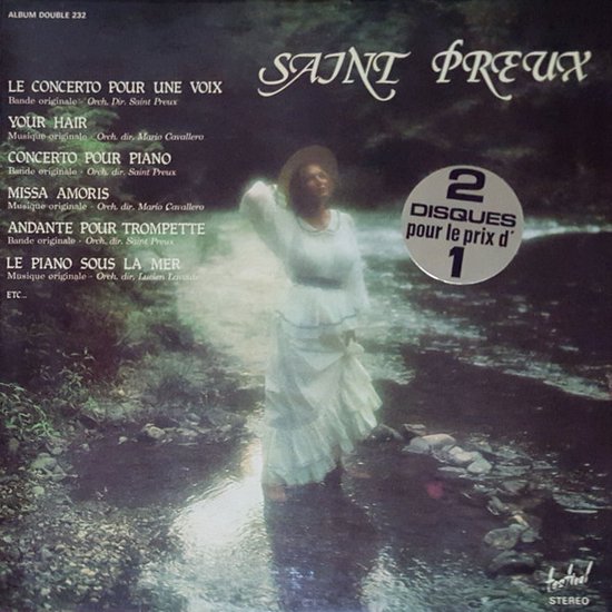 Albumhoes met Saint-Preux, Le Concerto Pour Une Voix, Veur Hair, Missa Amoris, Andante Pour Trompette, Le Piano Sous La Mer. Vrouw in witte jurk met hoed staat in water.