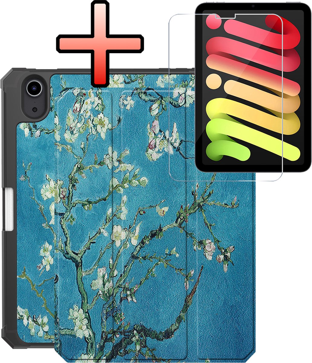 Hoes - Geschikt voor Apple iPad Mini 7 (2024) - 8.3 inch - 7e Generatie - Met Screenprotector - Trifold Bookcase - Hard Cover Case - Met Uitsparing Geschikt voor Apple Pencil - Hardcover Book - Tablet Hoesje - Bloesem