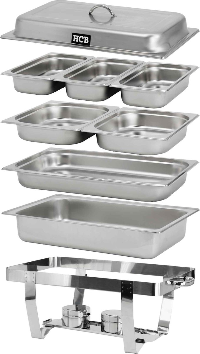 HCB® - Professionele Chafing dish - Incl. 6 GN bakken - RVS / INOX Buffetwarmer bakkenset - Incl. Gastronormbak - Bain marie - Horeca Warmhoudschaal - 3 kg - 7028 — afbeelding 2