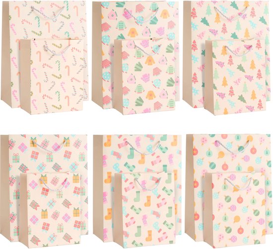 THE TWIDDLERS - 12 sacs cadeaux de Noël, sacs cadeaux colorés assortis avec poignées pour Noël, sacs cadeaux de Noël de tailles et de designs assortis, 2 tailles, 6 de chaque 23 cm x 18 cm, 32 cm x 26 cm