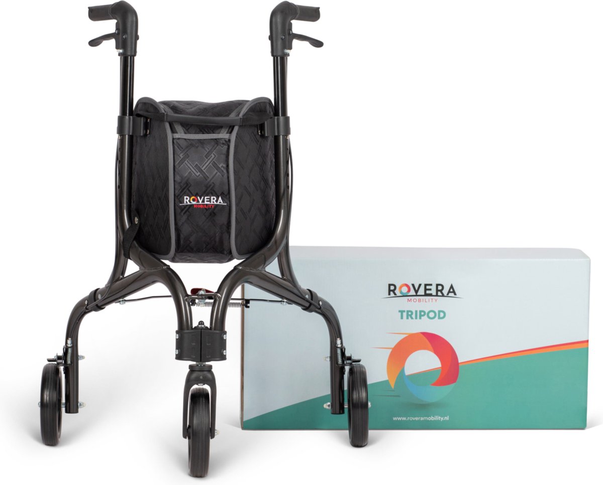 Goedkoopste Rovera Mobility® Tripod Design Binnenrollator Met 3 Wielen – Rollator Ultra Lichtgewicht en Opvouwbaar – Incl. Dienblad en Stijlvolle Rollatortas – Chique Antraciet