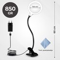 Zwarte loeplamp met 10,5 cm lens, 54 LED's, 60 cm flexibele arm, oplader en poetsdoekje.