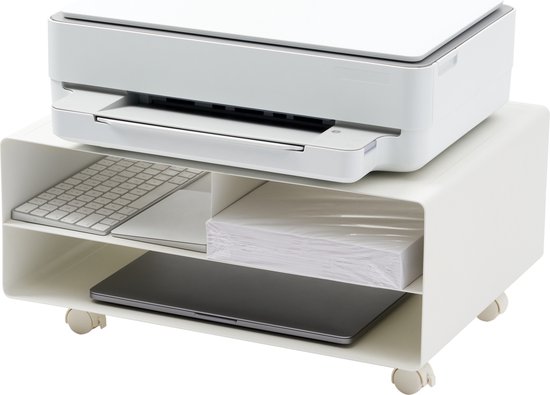 Witte printerstandaard op wielen met printer, toetsenbord, laptop en papier.