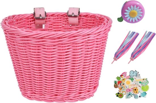 Panier De Vélo Pour Fille En Osier + Cloche + Autocollants - Décoration Guidon
