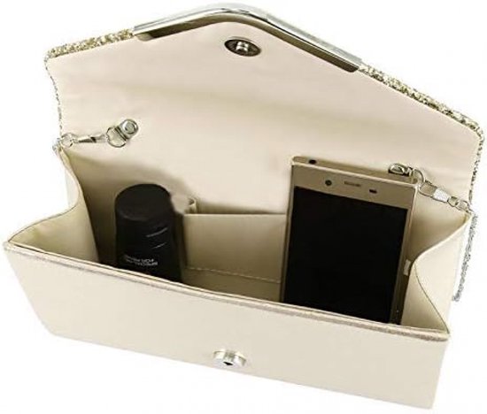 Open gouden clutch met glitter overlay. Binnenkant crème satijn met een telefoon en lippenstift.