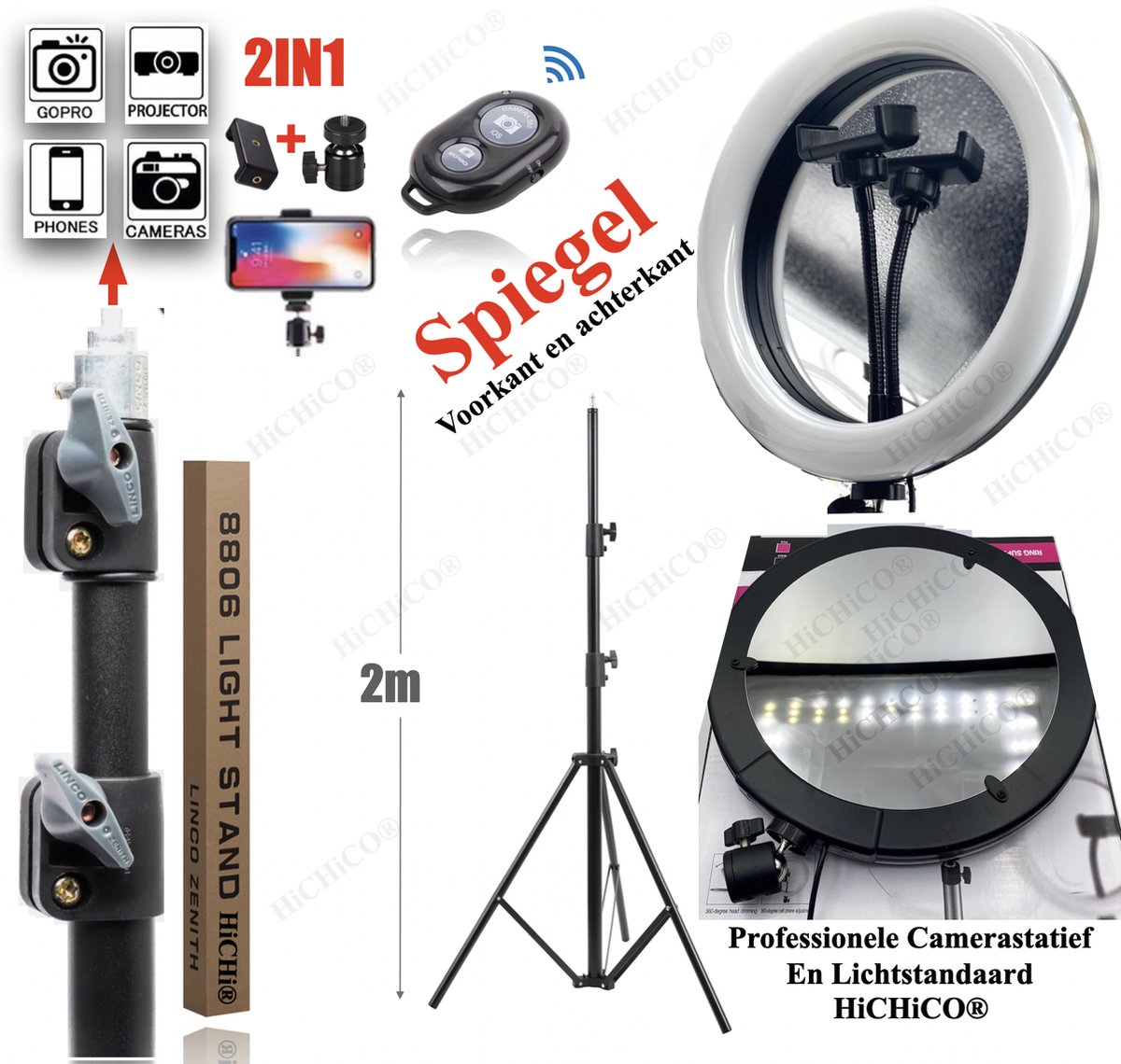 Selfie LED Ring Lamp 10inch met Spiegel en Statief 200cm Incl. afstandsbediening - Ring Lamp - flitser - Make-up light – Studiolamp - Selfie - lamp-Ringlamp - Statief - Tik tok - Ring Light HiCHiCO®