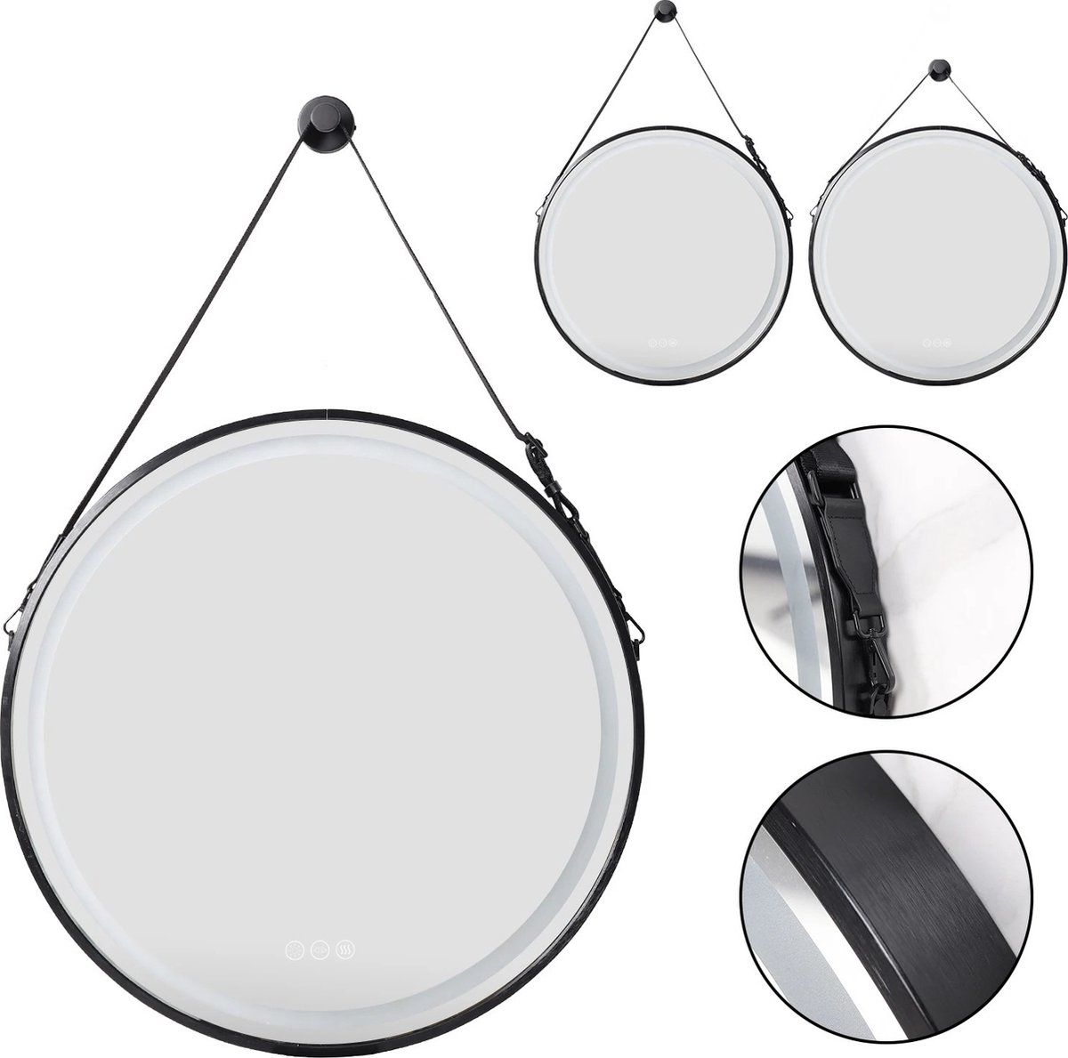 SteeFly® Frame Ronde Badkamer Spiegel Zwart ∅80cm - Spiegel met verlichting - Wandmontage Verlichte Spiegel - Anti-Fog