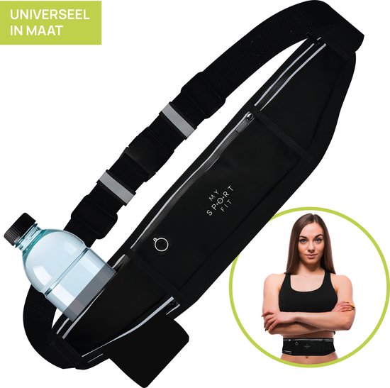 MySportFit - Premium Hardloop Heupband - Waterafstotend en Ademend Materiaal - Verstelbaar - Reflectoren - Ruime Opbergvakken voor Smartphone, Drinkfles of Powerbank - met Kabel Uitgang - Unisex - Zwart - Hardloopriem - Running belt - Fitness - Sport