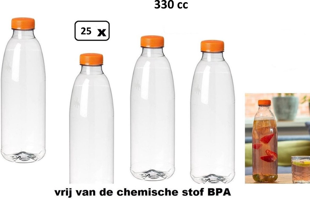 25x Flesje PET helder 330cc met dop - drinken jus sinas cola sappen dranken