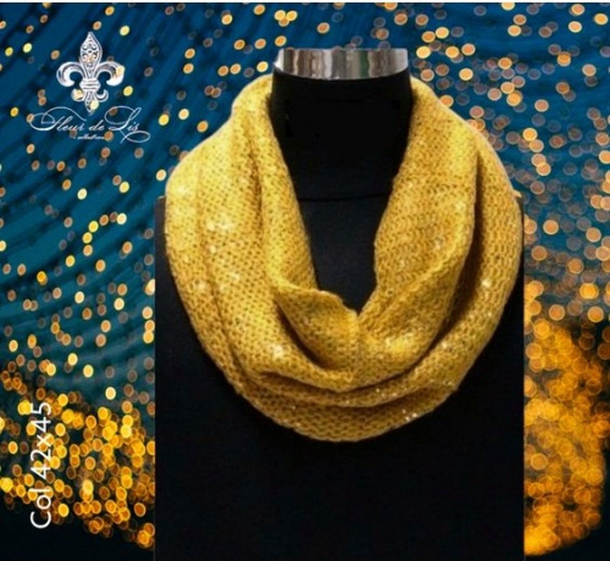 Fleur de Lis - Herfst Winter gebreide col sjaal - Ceylon Yellow met gold flakes - 42 x 45 cm - antique geel goud vlokken - volwassenen jeugd - unisex - casual feest