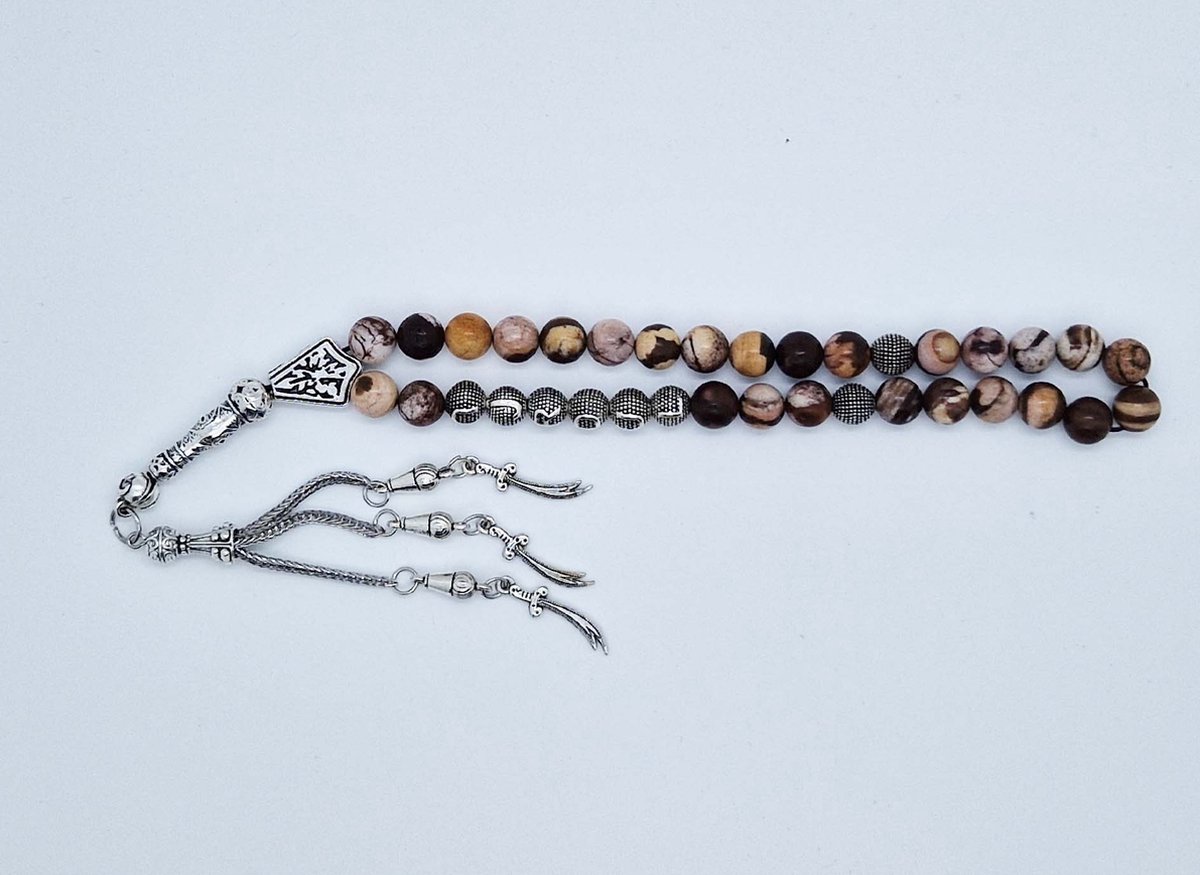 Handgemaakte naam tasbih 33 Kralen Natuursteen “Australia zebra jasper” - met metaal tassel “Zwaarden"- Met je naam of de naam van uw geliefde- 8 mm diameter van de korrel