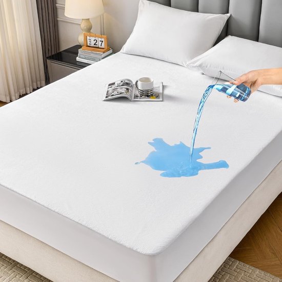 Matrasbeschermer 160x200 - Waterdichte Matrasbeschermer Wit - Badstof Matrasbeschermhoes Rondom Elastiek - Gecertificeerd Oeko-Tex - Anti-Mite, Anti-Mold Tegen Bacteriën