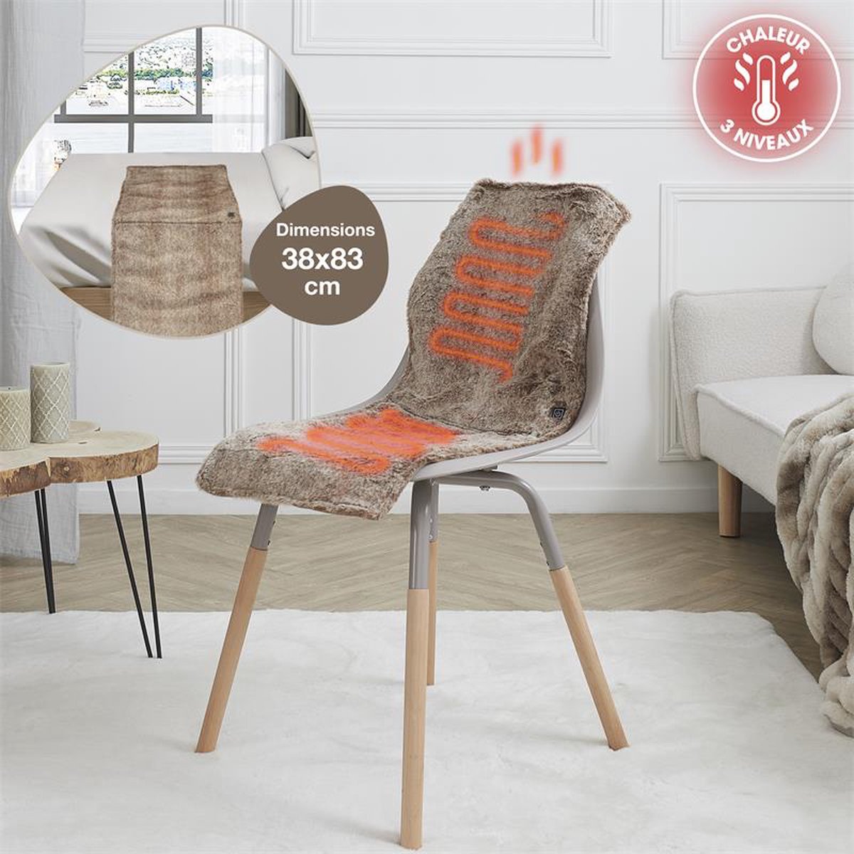 Afbeelding 3 van Verwarmd Stoelkleed voor Stoel met 3 Warmtestanden – Draadloos Infrarood Warmtedeken 38 x 83 cm – Bruin (inclusief powerbank)