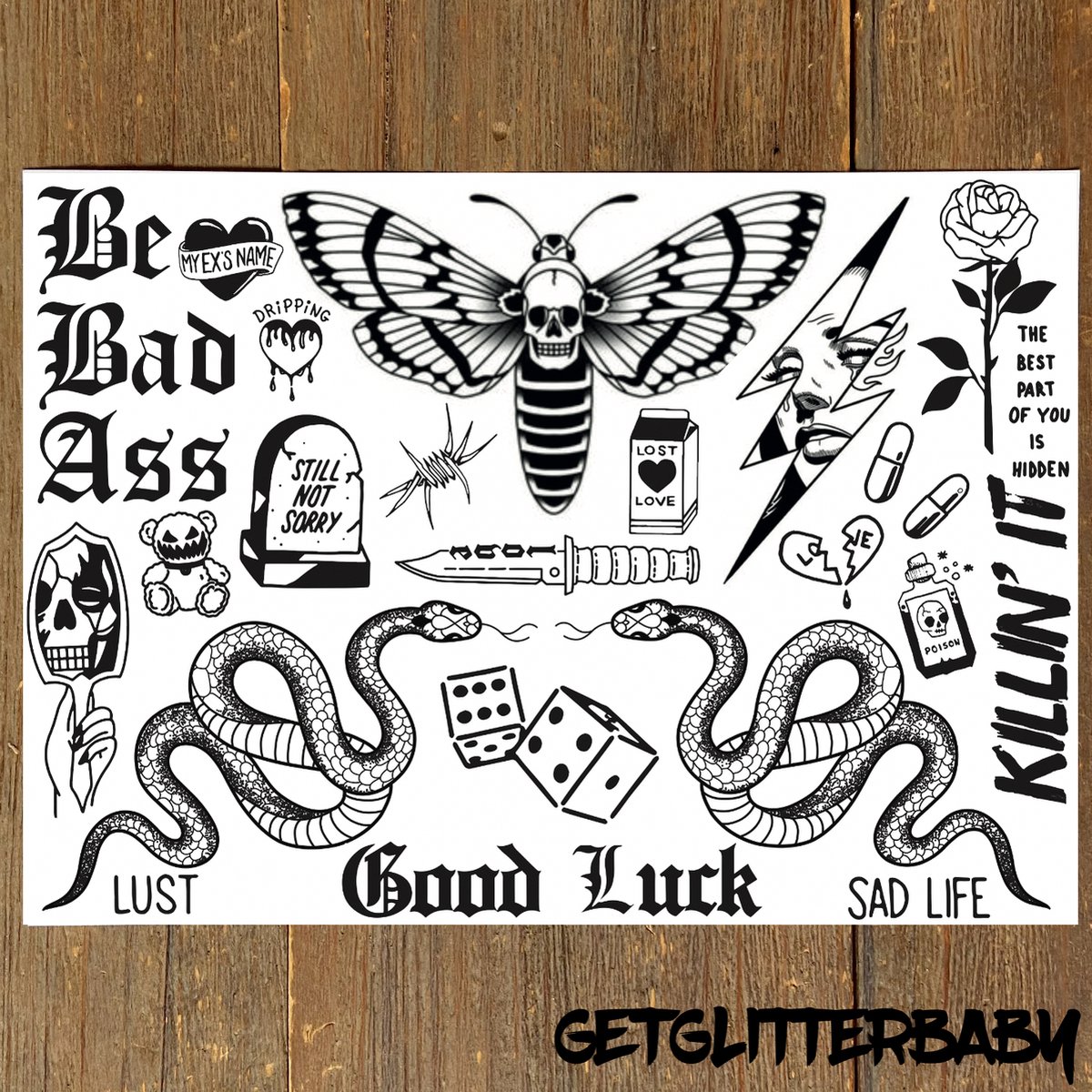 GetGlitterBaby® - Stoere Tattoos / Tijdelijke Tattoo / Henna Plak Nep Tatoeage voor Volwassenen / Festival Tattoes / Fake Temporary Halloween Tattoo