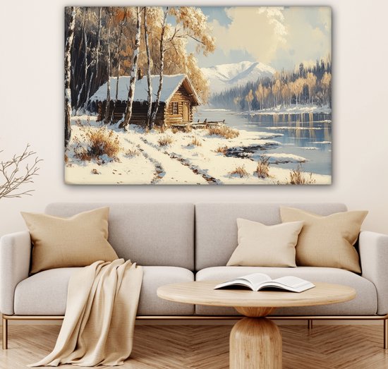 Peinture sur toile 150x100 cm - Décoration murale Hiver - Neige - Maison - Nature - Décoration murale murale salon - Décoration chambre - Accessoires de chambre - Peintures sur toile