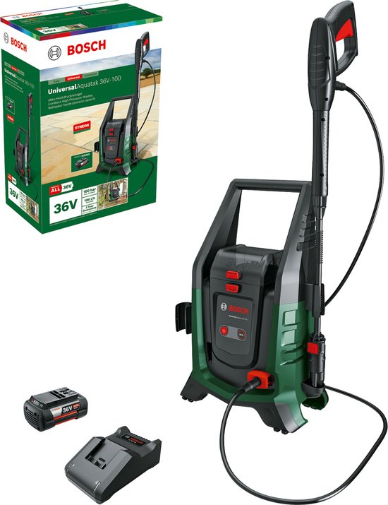 Bosch UniversalAquatak 36V-100 - Accu-hogedrukreiniger - Inclusief 1 x 36 V Accu (4,0 Ah) - Lader - Bosch hogedrukpistool - lans - 4 m hogedrukslang -3-in-1-mondstuk en wasmiddelfles