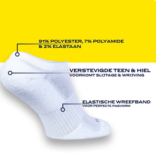 Witte enkelsokken met verstevigde teen en hiel, elastische wreefband.