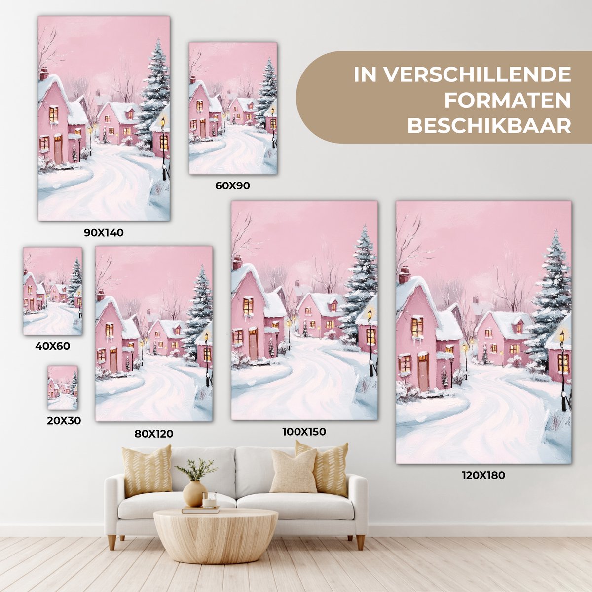 Canvas schilderij 60x90 cm - Wanddecoratie Kerstdorp - Roze - Winter - Sneeuw - Huizen - Muurdecoratie woonkamer - Slaapkamer decoratie - Kamer accessoires - Schilderijen op canvas - Kerstdecoratie voor binnen - Kerstversiering - Kerstmis versiering – foto 8