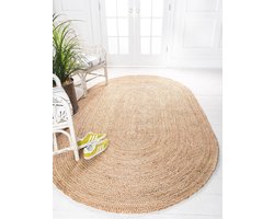 Jute tapijt ovale vorm, handgevlochten, natuurlijk jute, 60 x 90 cm, beige, gang- en woonkamertapijt