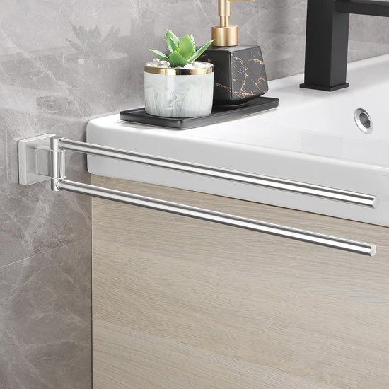 Handdoekhouder 39 cm van roestvrij staal, dubbel draaibaar voor badkamer en keuken — afbeelding 3