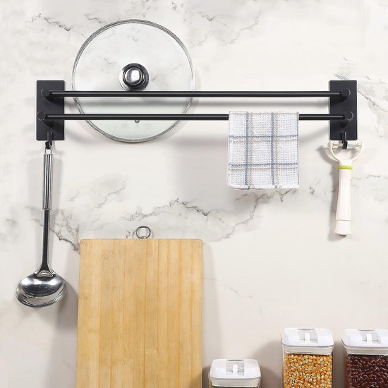 Dubbele Handdoekhouder voor aan de Muur - Zwart, 60 cm, zonder Boren, roestvrij staal, zelfklevend voor Badkamer en Keuken van Kegii — afbeelding 5