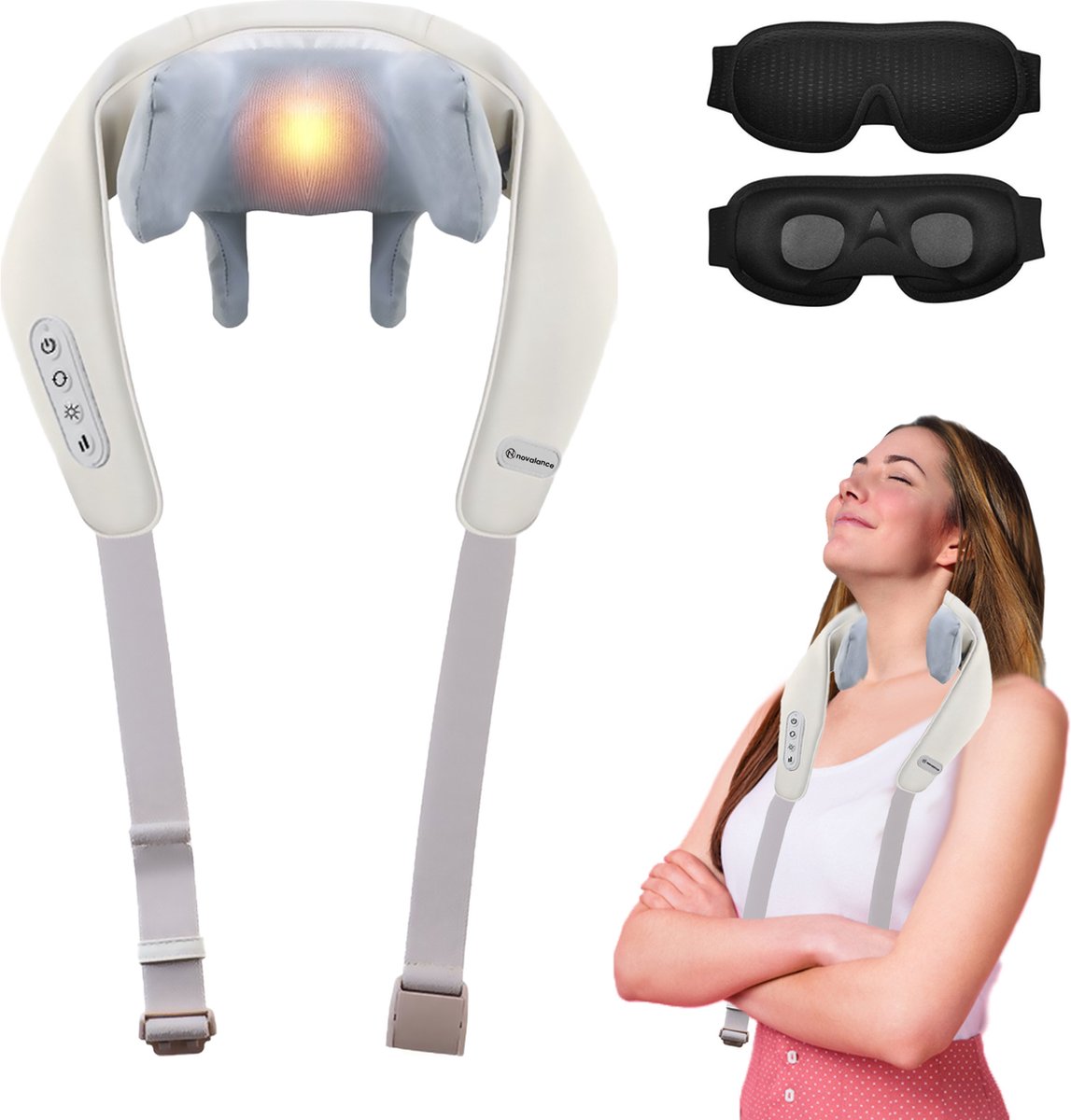 Novalance - Nekmassage - Shiatsu Massagekussen - Elektrisch Nekmassage Apparaat - Ook voor Arm Rug Schouder & Been - Infrarood + Slaapmasker