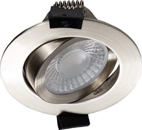 Zilverkleurige kantelbare inbouwspot met LED-verlichting.