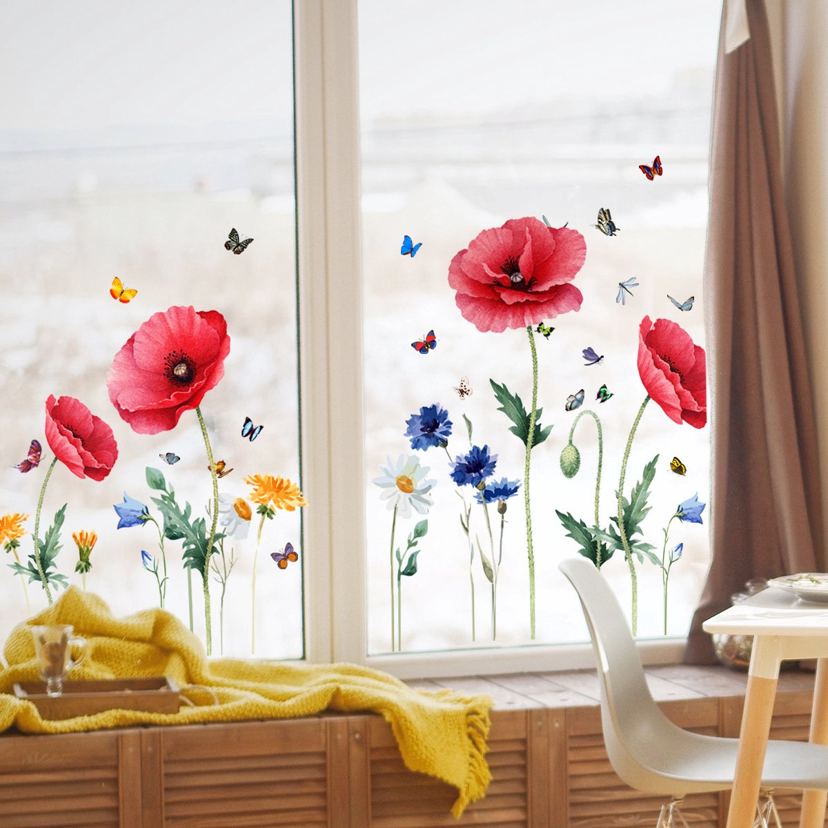 KAIRNE Bloemen raamstickers, bloemen raamstickers, planten bloemen raamdecoratie, tuin vlinder raamfoto's, potplant zonnebloem muursticker woonkamer slaapkamer lente zomer decoratie