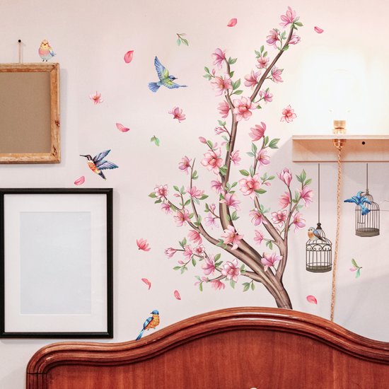 Muursticker - woonkamer decoratie muur - Muur decoratie - voor woonkamer slaapkamer - 30*60cm - Tak Vogels Bloemen Muursticker - PVC - kleurrijk