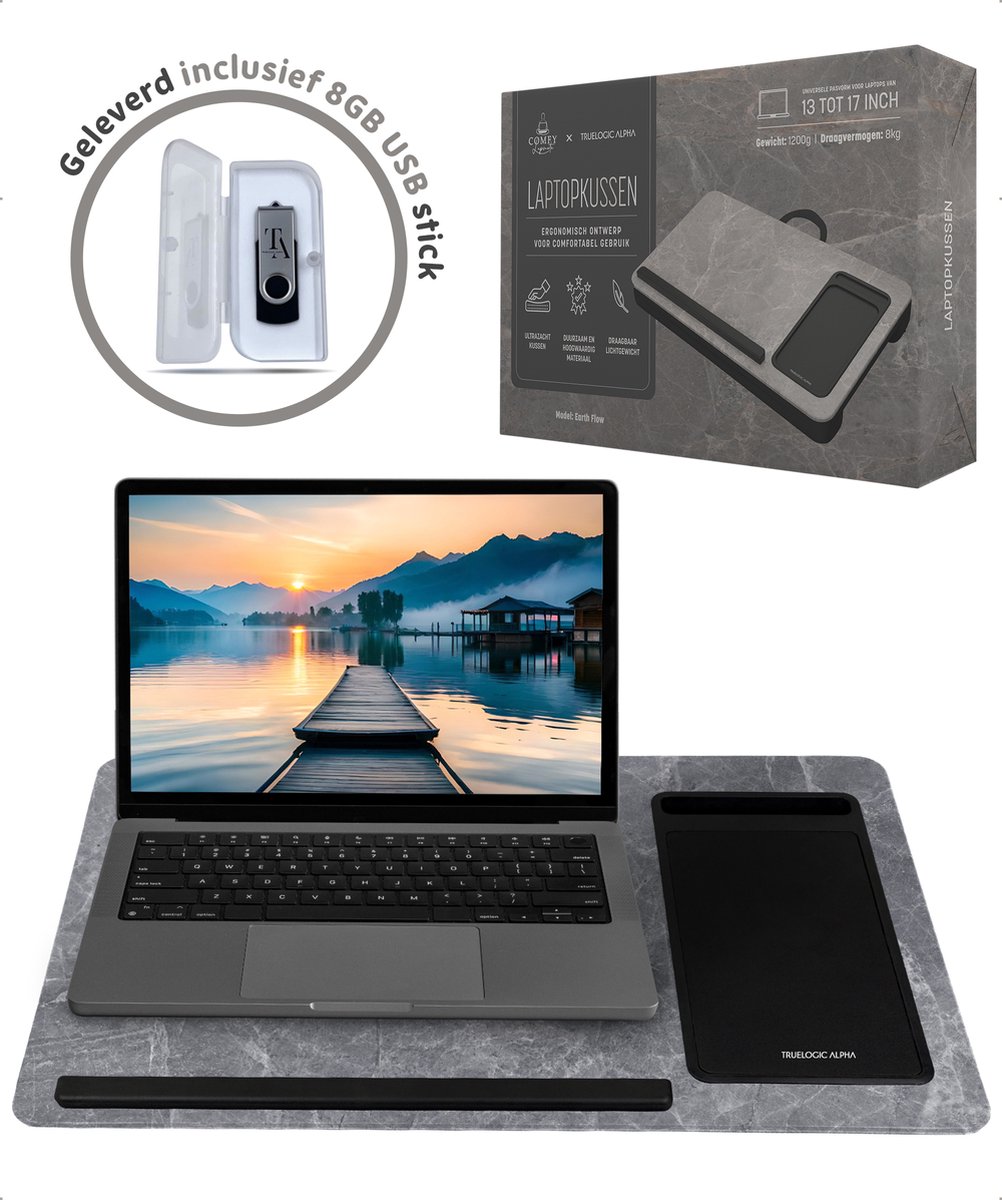 TrueLogic Alpha Laptop standaard - Laptoptafel - Bedtafel - Laptopkussen - Laptopstandaard - Voor laptops t/m 17 inch - Geleverd inclusief 8GB USB stick - Earth Flow