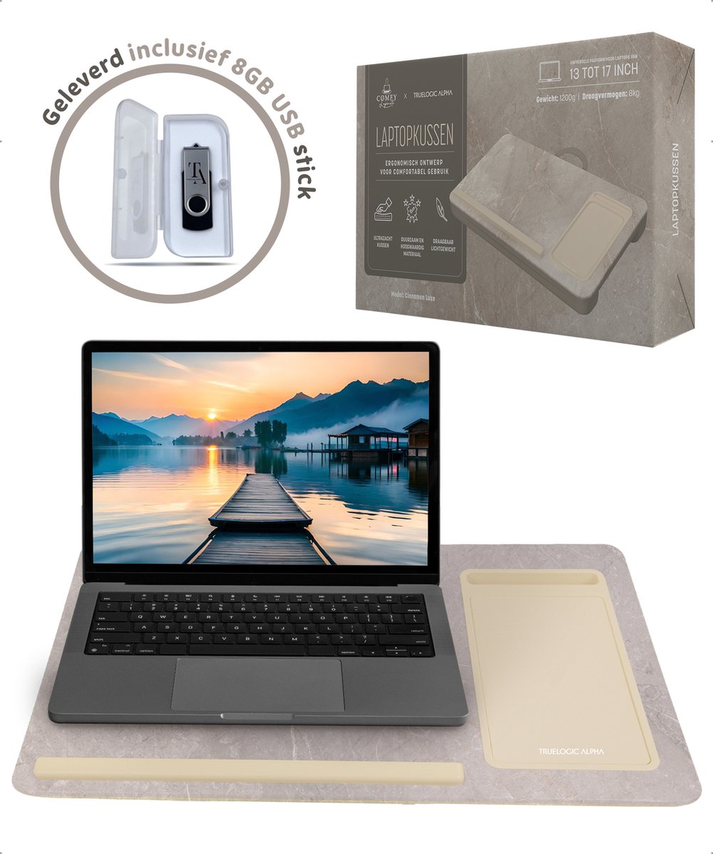 TrueLogic Alpha Laptop standaard - Laptoptafel - Bedtafel - Laptopkussen - Laptopstandaard - Voor laptops t/m 17 inch - Geleverd inclusief 8GB USB stick - Cinnamon Luxe