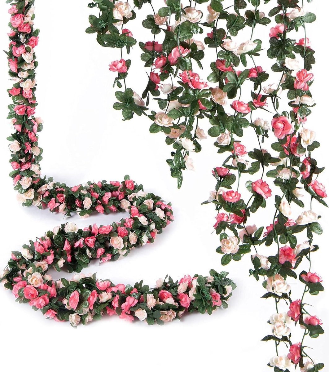 Anevous Kunstbloemenkrans, 5 stuks x 2,2 m, decoratie, rozenslinger, kunstbloemen, zijden bloemen, hangende slinger, rozen, wijnstok, decoratie, bloemen voor bruiloft, feest, tuindecoratie, wit