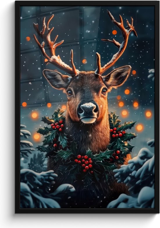 Poster in lijst - Fotolijst 60x90 cm - Posters - Hert - Kerst - Winter - Sneeuw - Kerstkrans - Posterlijst zwart - Decoratie - Wanddecoratie woonkamer - Kerstdecoratie voor binnen - Kerstversiering - Kerstmis versiering in huis - Kerstaccessoires