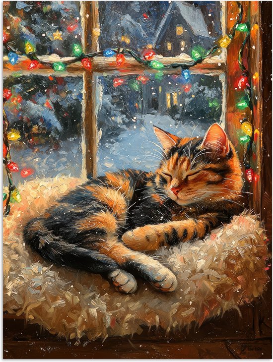 Poster 90x120 cm - Kat - Kerst - Winter - Dier - Posters - Kamer decoratie - Wanddecoratie woonkamer - Kerstdecoratie voor binnen - Kerstversiering - Kerstmis versiering in huis - Kerstaccessoires