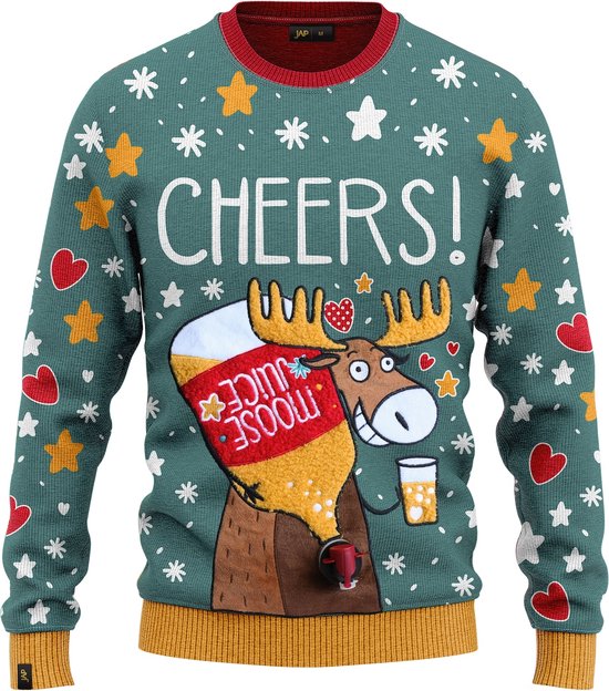 JAP Christmas Interactieve Kersttrui (maat 3XL) - 100% Gerecycled - Kriebelt niet - Kerstcadeau volwassenen - Foute Kersttrui dames en heren XXXL - CHEERS! Moose Juice - Groen